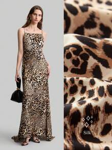 Ontre Leopard Print Satin Material Slip Dress, Elegant Tie Shoulder Dress With Tail, Spaghetti Strap Sleeveless Formal Party Gown - Coffee Brown - View 2
