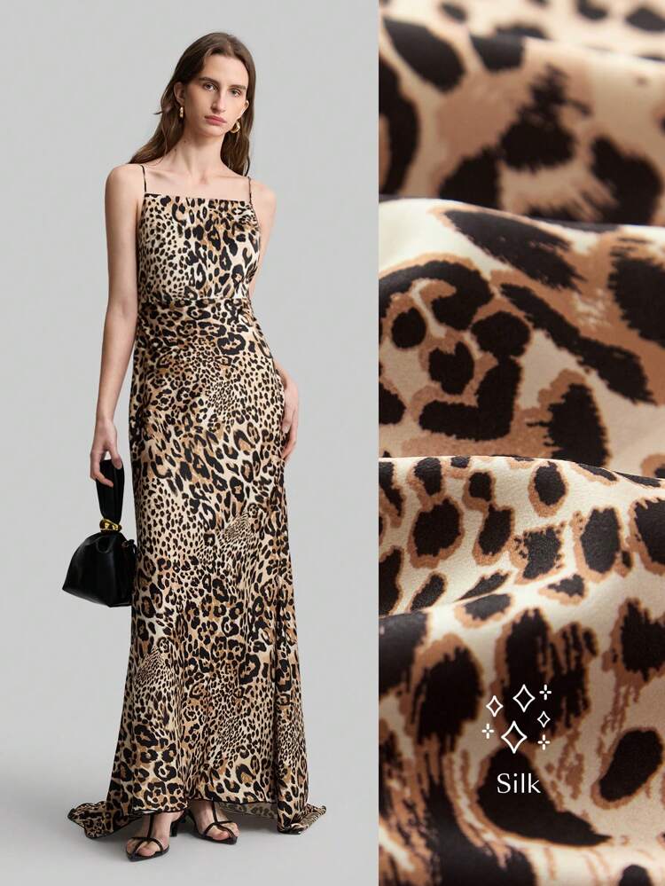 Leopard Print Satin Material Slip Dress, Elegant Tie Shoulder Dress With Tail, Spaghetti Strap Sleeveless Formal Party Gown