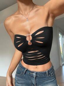 INAWLY Áo Bandeau khoét lỗ màu trơn gợi cảm thời trang dành cho nữ - màu đen - Xem 3