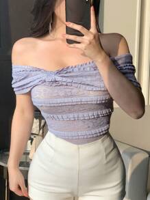 DAZY Camiseta de verano nueva de mujer con hombros descubiertos, texturizada y ajustada