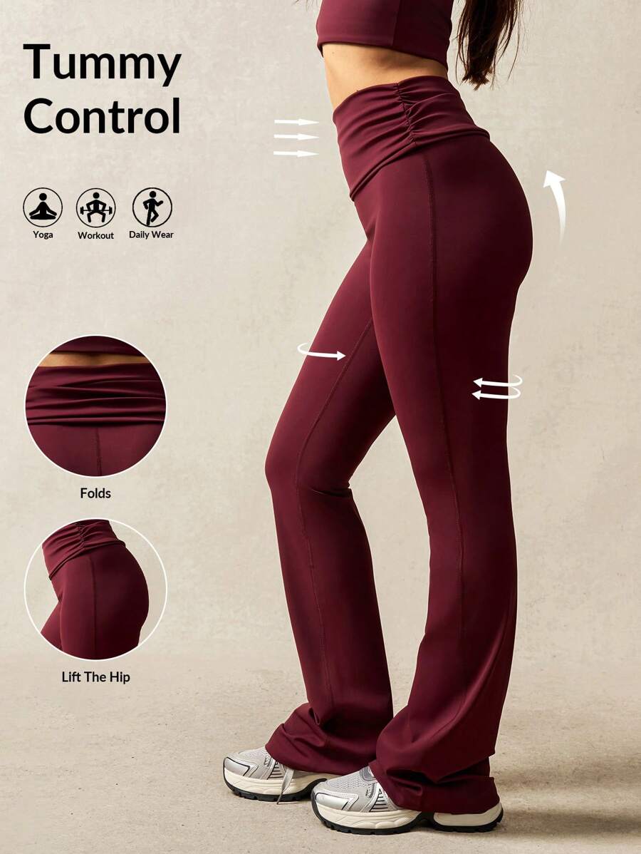 VARSITIE Women's Solid Color High Waist Pleated Slim Fit Active Pants - Burgundy - View 1