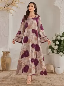 Al Najma Women's Elegant Floral Allover Print Flare Sleeve Arabian Style Dress, Arabian Dresses,Modest - Multicolor - View 3