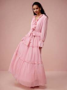 Enchnt Robe élégante femme romantique rose col V volant ourlet, douce et élégante pour la Saint-Valentin et les vacances, sortie romantique, usage quotidien, vacances et fêtes de jardin