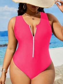 SHEIN Swim Curve Plus Size Women's Sexy Backless Criss-Cross One-Piece Swimsuit, Casual Holiday Style - Hot Pink - View 2