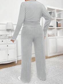 SHEIN Frenchy Plus Size Round Neck Long Sleeve Casual Top And Pants 2 Pieces Set