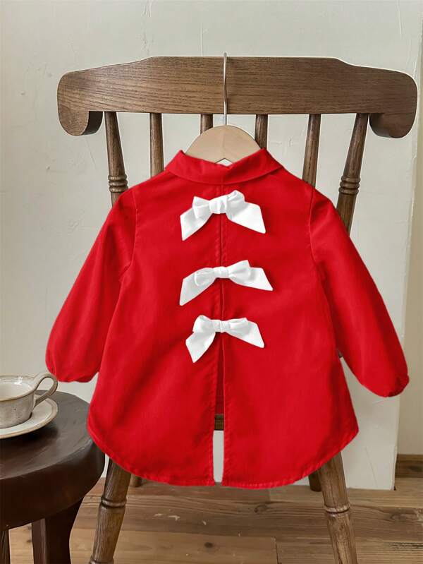 SHEIN Camisa de manga comprida vermelha com laço fofo para bebê menina, versátil para o outono