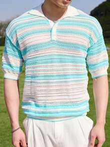 Manfinity CasualKnits Men's Front Button Short Sleeve Striped Casual Knit Sweater - Multicolor - View 4