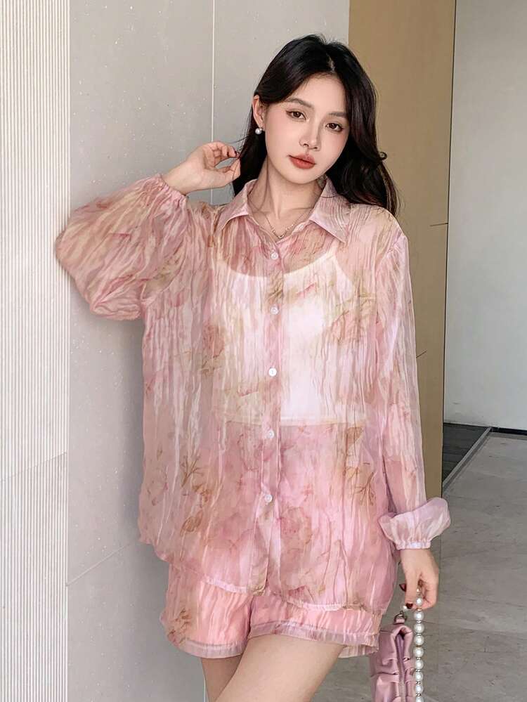 2pcs Women Summer New Arrival Spring Style Floral Print Blouse & Shorts Set For Dating,Fall Women Clothes