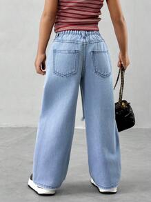Young Girl Ripped Distressed Casual Fashionable Slant Placket Denim Straight Jeans