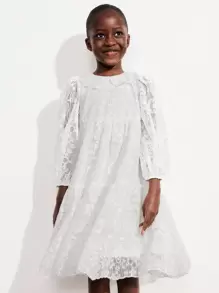 SHEIN Young Girls Sweet Ruffled Collar Puff Sleeve Mesh Embroidered Dresses - White - View 5