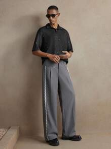 AKNOTIC Business Casual 男士编织长款中腰直筒休闲裤，适合日常穿着 - 灰色 - 查看 3