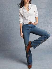 WESTFADE High Rise Western Embroidery Fitted Flare Denim Jeans Nashville Style - Medium Wash - View 1