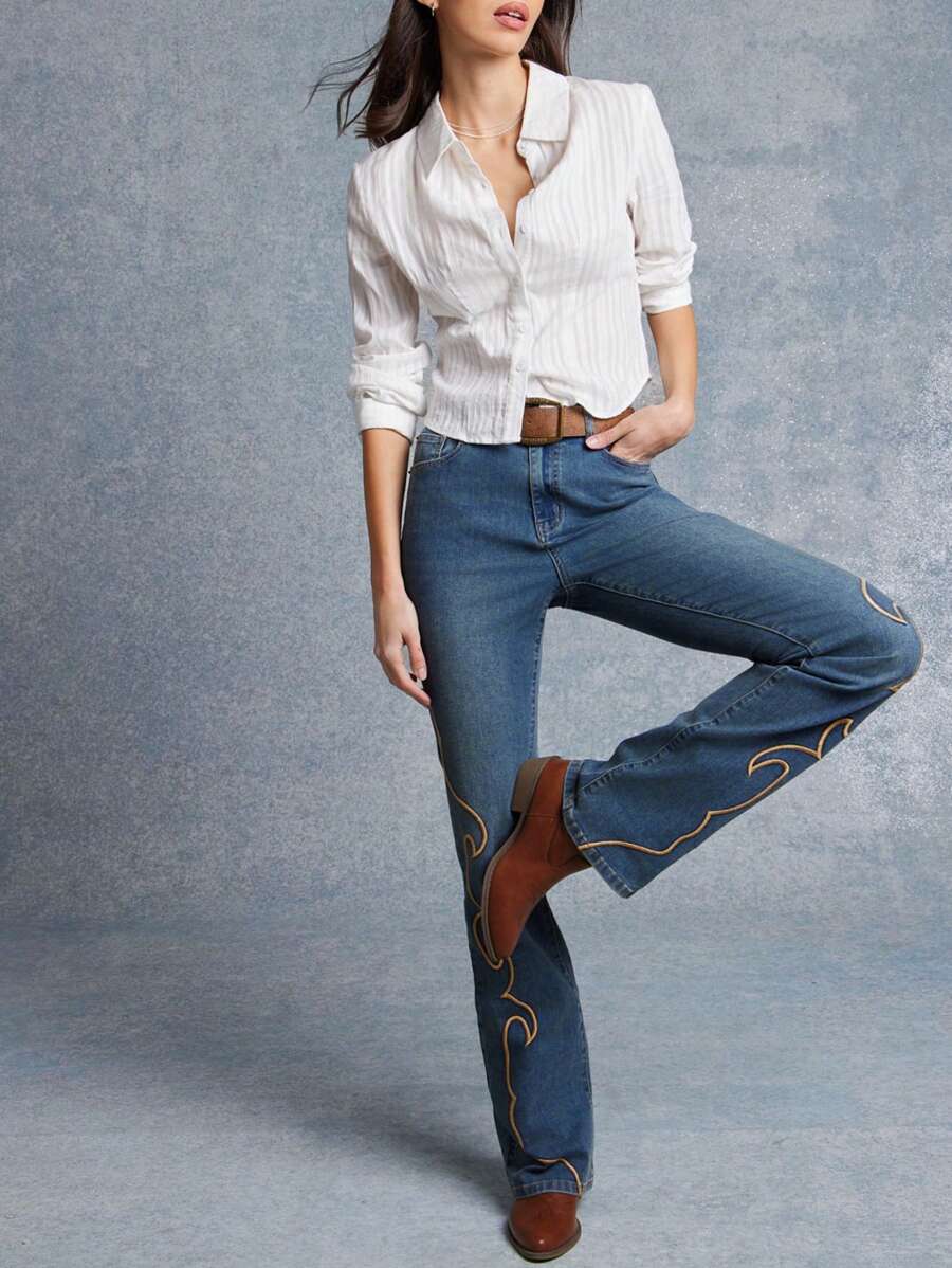 WESTFADE High Rise Western Embroidery Fitted Flare Denim Jeans Nashville Style - Medium Wash - View 1