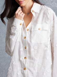 WESTFADE Spring Floral Applique Contrast Fabric Lightweight Long Sleeve Button Down Shirt - Beige - View 5