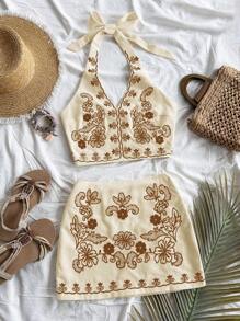 Soleia 2 件套：度假复古风格女式花卉刺绣露背短款上衣，搭配系带和迷你 A 字裙，米色底 - 棕色 - 查看 2