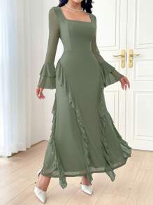 Modelyn Women's Solid Color Square Neck Bell Sleeve Long Elegant Dress Long Evening Dresses