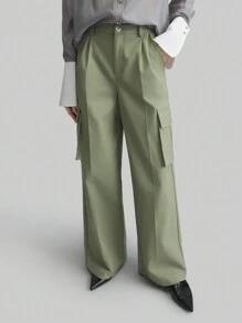 Ontre 复古风格休闲户外牛油果绿色女式直筒裤，带 3D 口袋，都市春夏长裤 - 綠色 - 查看 3