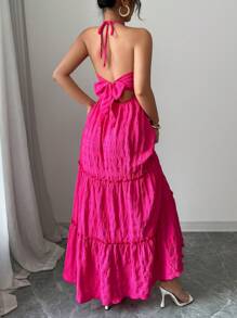 Elenzga Women's Elegant Solid Color 3D Floral Backless Halter Dress