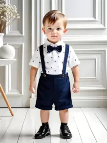 SHEIN Set de 2 piezas de top de punto y pantalones cortos informales para niño/niña pequeños, adecuado para uso diario en primavera/verano y eventos como fiesta de cumpleaños, bautizo, 1er cumpleaños, fiesta de noche, actuación, boda
