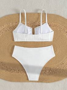 SHEIN Swim Conjunto de bikini de 2 piezas para mujeres con tirantes de hombros texturizados y escote en U - Blanco - Ver 5