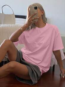 DAZY Solid Color Round Neck Long Loose Short Sleeve Women T-Shirt Summer - Pink - View 4