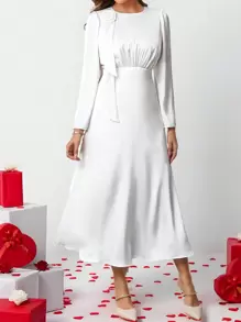 SHEIN Clasi 情人节，优雅女士白色长袖丝缎立体花卉褶皱收腰鱼尾下摆A字裙秋冬季适合各种场合 - 白色 - 查看 3