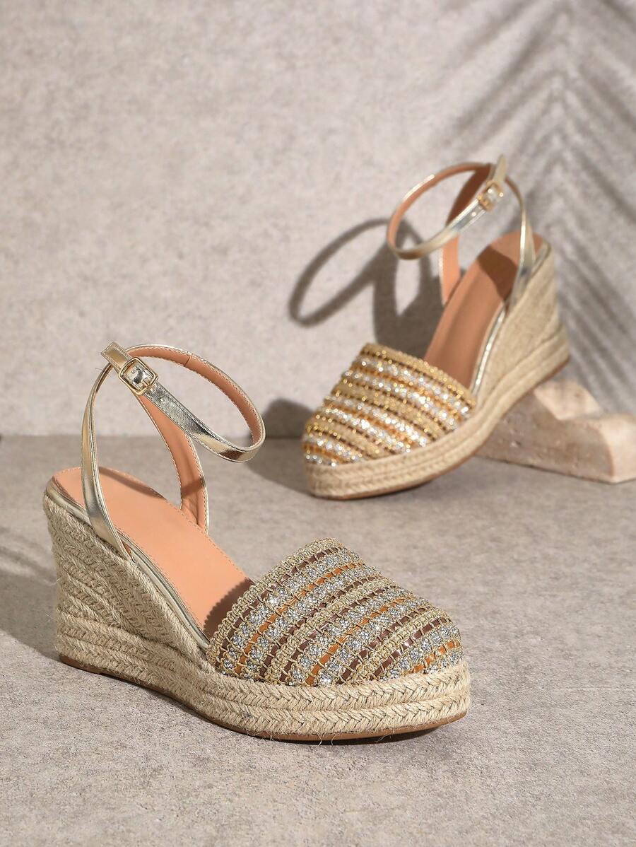 SHUZIA Giày đế xuồng quai mắt cá chân tối giản cho nữ có đế dày và gót cao - Vàng - Xem 1