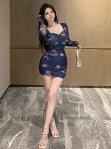 DAZY Women Ditsy Floral Mesh Patchwork Waist Fitted Mini Dress,Fall Dress - Navy Blue - View 2