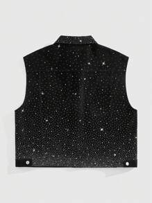 ROMWE MEN Street Life Spring/Summer Casual Men'S Rhinestone Decor Front Button Sleeveless Pocket Casual Denim Top - Black - View 5