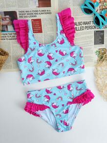 SHEIN Young Girls 2 Pieces Swimwear With Ruffles, Cute Tankini Set - Blue - View 1