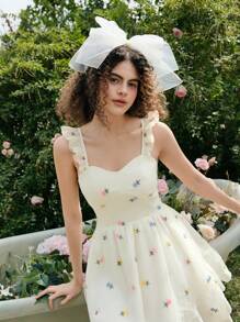 SHEIN MOD Beige Organza Ditsy Floral Dress,  Long Summer Dress,Bohemian Dress,Western Dress,Easter Dress,Vacation Dresses Woman,Summer Dresses For Women,Modest Dresses For Women,Flowy Dress,Graduation Dress,Vintage Dress,Floral Dress Women
