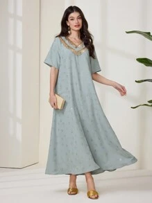 Al Najma 女式亮片拼布流苏 V 领短袖阿拉伯风格连衣裙 - 綠色 - 查看 2