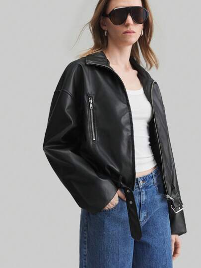 Ontre 2025 女士金属拉链短款 PU 春夏夹克，可调节金属扣腰带，日常休闲，简约都市