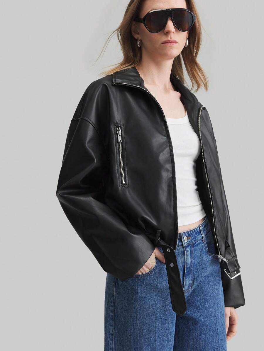 Ontre 2025 Women Metal Zipper Cut-Short PU Spring/Summer Jacket, Adjustable Metal Buckle Belt, Casual Everyday, Minimalist Urban - Black - View 1