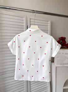 SHEIN Tween-Mädchen Lockere weiße Kurzarmbluse mit Herz-Print, geeignet für Frühling/Sommer, Frühlingsausflug, Country-Style, Tee im Garten, Lässig ausflüge, Valentinstag, passende Outfits für Mama und mich