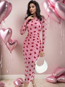 Firerie Vestido midi de manga larga de Body con recogido, de tela elástica con estampado floreado romántico y detalles elegantes, ideal para Navidad, Año Nuevo y Día de San Valentín, para otoño/invierno