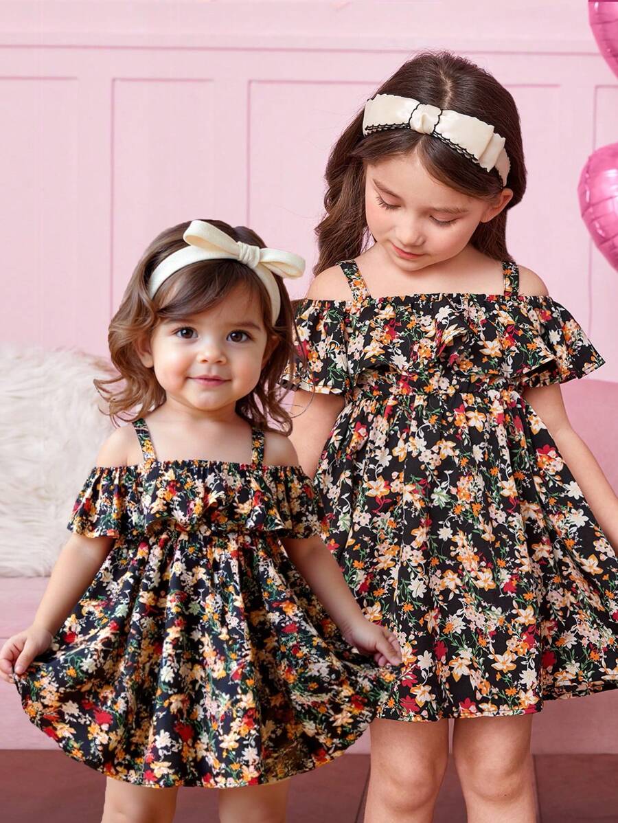 Fern Glow Baby Girl Summer Cute Ditsy Floral Pattern Ruffle Trim Off Shoulder Cami Dress