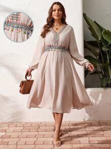 SHEIN LUNE Plus Size Long Sleeve Casual Retro Printed Waist Tassel Dress Sundress Linen Fabric - Beige - View 10