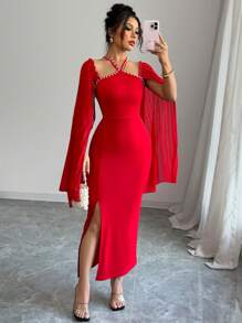 Elenzga Sleeveless Pleated Dress With Pearl Decor And Side Slit For Women - Red - View 3