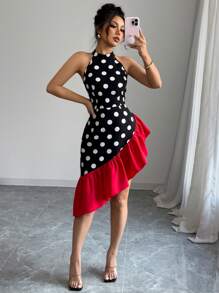 Elenzga Women Sleeveless Asymmetrical Hem Elegant Sexy Dress - Red and Black - View 4