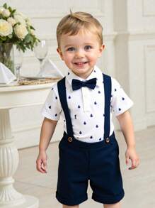 SHEIN Set de 2 piezas de top de punto y pantalones cortos informales para niño/niña pequeños, adecuado para uso diario en primavera/verano y eventos como fiesta de cumpleaños, bautizo, 1er cumpleaños, fiesta de noche, actuación, boda