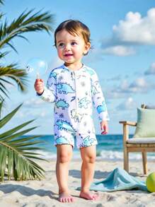 SHEIN 2pcs/Set Newborn Baby Boy/Girl Cartoon Dinosaur Print Long Sleeve Jumpsuit & Tight Pants With Sun Hat, Perfect For Spring/Summer Travel, Beach, Swimming - White - View 10