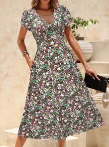 SHEIN Clasi Ditsy Floral Short Sleeve Summer Casual Dress, Simple & Fashionable For Everyday Wear - Pink - View 1