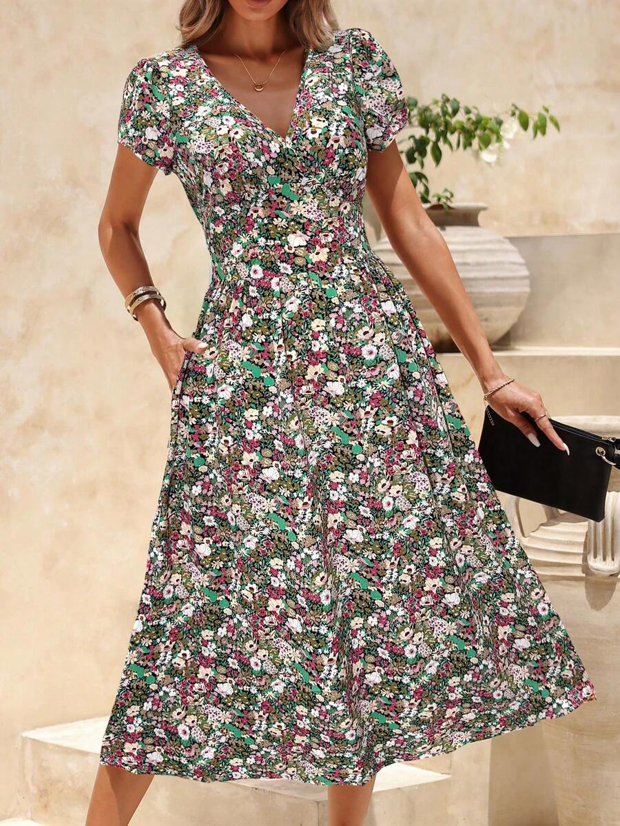 SHEIN Clasi Ditsy Floral Short Sleeve Summer Casual Dress, Simple & Fashionable For Everyday Wear - Pink - View 1