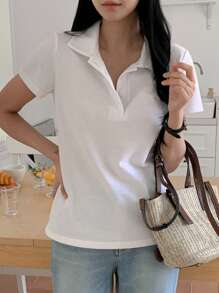 DAZY 新款西式宽松休闲翻领女式T恤，春夏季，商务休闲女装 - 白色 - 查看 6