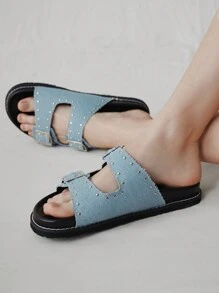 Solecia 女式铆钉舒适一脚蹬凉鞋，简约设计，适合日常休闲穿着 - 藍色 - 查看 4