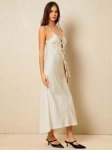 Poéselle Women's Satin Lace Dress Women's Contrast Lace Front Champagne Dress Lace-Up Dress Elegant Apricot Dress Elegant Romantic Wedding Season Women Dresses