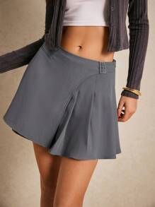 Poéselle Damen einfarbiger Lässig Rock mit verstellbarem Taillengürtel, klassisches gefaltetes Design Mini-Rock, stilvoller grauer A-Linien Rock, die perfekte Wahl für Frühling und Sommer