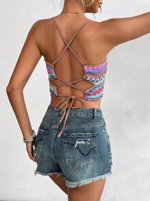 Breezaya Geo Print Tie Backless Crop Top Graphic Tees Women Tops - Multicolor - View 2