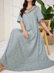 Al Najma 女式亮片拼布流苏 V 领短袖阿拉伯风格连衣裙 - 綠色 - 查看 3